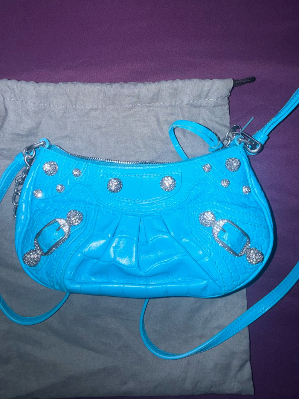 Balenciaga Bright Turquoise Rhinestone-Trim Shoulder Bag
